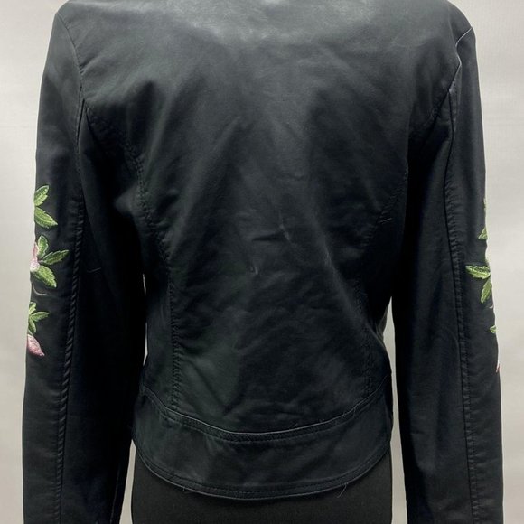 Jou Jou Women's Black Faux Leather Floral Embroidered Motorcycle Jacket Medium - Picture 4 of 5